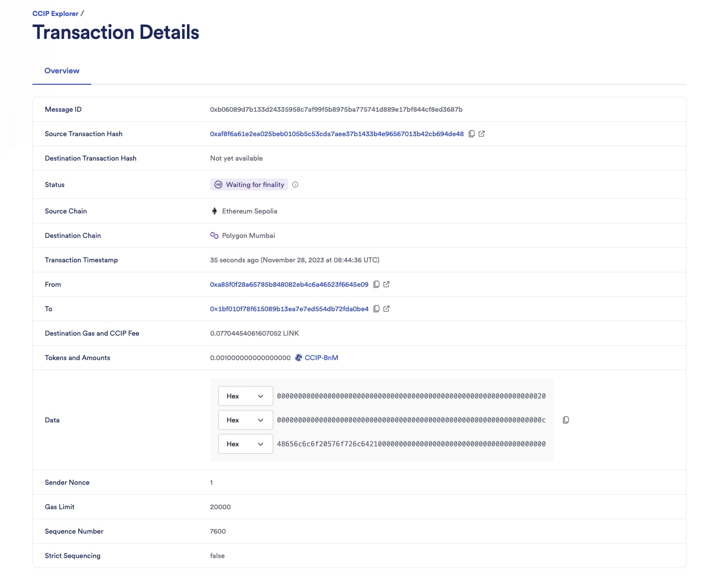 Chainlink CCIP Explorer transaction details